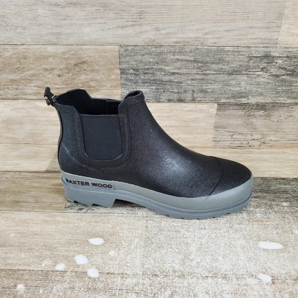 Baxter Wood Womens Hevea Chelsea Rain Boot Sz 7 Black Gary Sole Mid Top Slip On